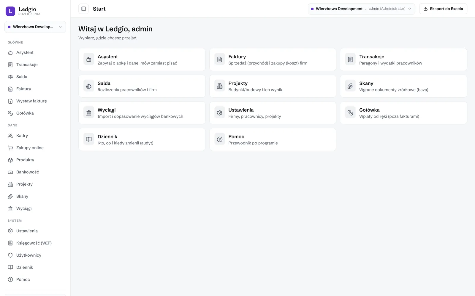 Ledgio, ekran startowy: kafelki modułów — asystent, faktury, transakcje, salda, projekty, skany, wyciągi, ustawienia.
